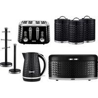 Geepas Argyle 1.7L Kettle & Toaster Set of 3 Tea Coffee Sugar Canister, Bread Bin, Mug Tree & Towel Pole Set in Black