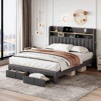 okwish 4ft6 Double Bed Frame with Storage & USB Charging in Grey