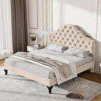 okwish 4ft6 Double Upholstered Bed with Adjustable Headboard in Beige