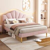 okwish 4ft6 Double Upholstered Bed with Adjustable Headboard in Pink