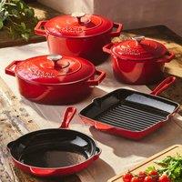 Cooks Professional 5 Piece Cast Iron Casserole Dish, Frying Pan & Skillet Set in Red