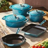 Cooks Professional 5 Piece Cast Iron Casserole Dish, Frying Pan & Skillet Set in Teal