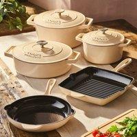 Cooks Professional 5 Piece Cast Iron Casserole Dish, Frying Pan & Skillet Set in Ivory