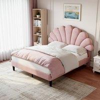 BTM Upholstered Velvet Bed Frame, with Adjustable Chic Petal Headboard in Pink | Size: Double