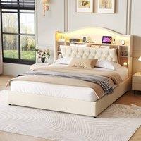 BTM Curved Upholstered Bed with Storage & Charging, Linen Beige | Size: King