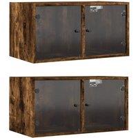 Berkfield Home Wall Cabinets with Glass Doors 2 pcs Smoked Oak 68.5x37x35 cm in Brown