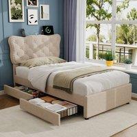 okwish 3ft Single Bed Frame with Storage Drawers & USB Beige