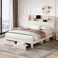 okwish 4ft6 Double Upholstered Bed with Storage & USB Beige