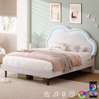 okwish 4ft6 Double Upholstered Bed Frame with LED Headboard in Soft White