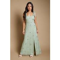 Oasis Women's Petite 3D Floral Linear Beadwork Tie Shoulder Dress in Sage | Size: 10