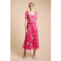 Oasis Women's Tie Shoulder Floral Embellished Midaxi Dress in Hot Pink | Size: 14