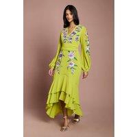 Coast Women's Petite Sequin Embellished & Embroidered Hi-Lo Maxi Dress in Chartreuse | Size: 10