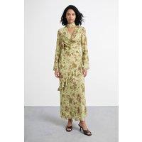 Warehouse Women's Petite Long Sleeve Cowl Neck Floral Print Ruffle Detail Maxi Dress | Size: 12