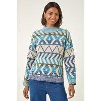 Roman Women's Aztec High Neck Knit Jumper in Blue | Size: 14