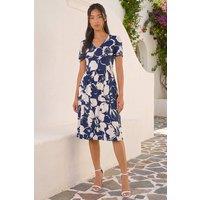 Roman Women's Petite Floral V-Neck Stretch Dress in Navy | Size: 8