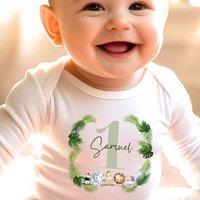 Aye Do Gifts Boy's Personalised Green Animals 1st Birthday Baby Outfit: Baby Grow in White | Size: 6-12 m