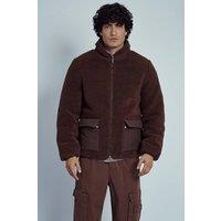 Native Youth Men's Sherpa Borg Nylon Trim Pockets Zip Funnel Neck Jacket in Brown | Size: Large