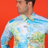CLAUDIO LUGLI Men's TENCEL WORLD MAP BLUE PRINT SHIRT | Size: XL