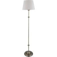 First Choice Lighting Lytchett - Antique Brass Spindle Floor Lamp with Natural Linen Shade in Bronze