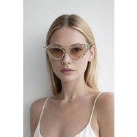 SVNX Diamante Cat Eye Sunglasses In Champagne in Beige
