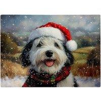 Warren Reed - Designer Snowy Christmas Old English Sheepdog Glass Chopping Board