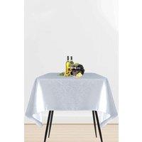Neel Blue Square Damask Tablecloth, Overlay Swirl Dinner Tablecover in White