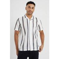 Brave Soul Men's Knitted Revere Collar Striped Shirt Sleeve Shirt in White | Size: Large
