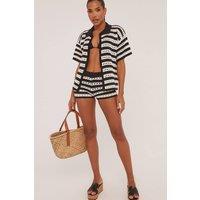 EGO Women's Short Sleeve Striped Crochet Top & Shorts Set in Black | Size: Large