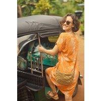 Weird Fish Women's Orlando Printed Linen Rich Shift Dress in Orange | Size: 8