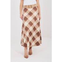 Love Lace Women's Maxi Flared Check Skirt with Waist Belt in Brown