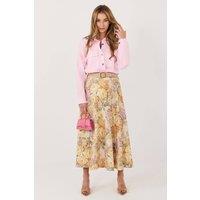 Love Lace Women's Floral Print Midi Skirt with Waist Belt in Yellow