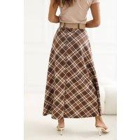 Love Lace Women's Classic Check Flared Maxi Skirt with Belt Style 226474 in Brown