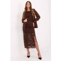 Love Lace Women's Elastic Waist Midi Lace Skirt with Front Gather in Brown