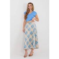 Love Lace Women's Classic Check Flared Maxi Skirt with Belt in Blue