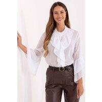 Love Lace Women's Classic Cotton Shirt with Ruffled Sleeve Jabot in White