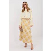 Love Lace Women's Check Flared Maxi Skirt with Belt in Yellow