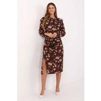 Love Lace Women's Floral Pleated Midi Dress with Shoulder Pads in Brown