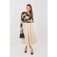Love Lace Women's Flared Midi Skirt with Elastic Waist Pockets in Beige