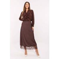 Love Lace Women's Polka Dot Lace Hem Midi Skirt with Elastic Waist in Brown