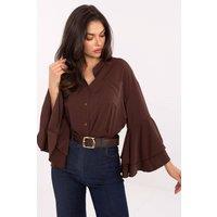 Love Lace Women's Long Sleeve Stand Collar Ruffle Pocket Shirt in Brown