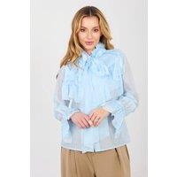 Love Lace Women's Elegant Stand Collar Long Sleeve Jabot Shirt Style 223464 in Blue