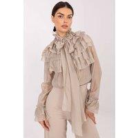 Love Lace Women's Stand Collar Long Sleeve Jabot Shirt in Beige