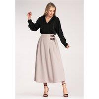 Love Lace Women's Elegant Midi Pleated Skirt with Side Buckles in Beige | Size: S/M