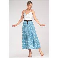 Love Lace Women's White Polka Dot Pleated Midi Skirt with Belt in Blue | Size: S/M