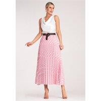 Love Lace Women's High Waist Belted Polka Dot Pleated Midi Skirt in Pink | Size: S/M
