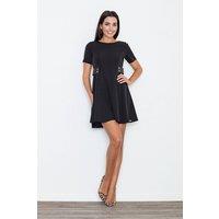 Love Lace Women's Elegant Flared Day Dress With Leather Side Panels in Black | Size: XL