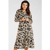 Love Lace Women's Midi Long Sleeve Dress Elastic Waist Frill in Beige | Size: Small