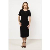 Love Lace Women's Fitted Boat Neck Short Sleeve Dress with Slit in Black | Size: Small