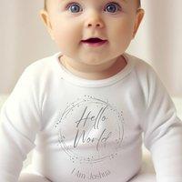 Aye Do Gifts Personalised Hello World Circle Baby Outfit: Baby Grow in White | Size: 0-3 m