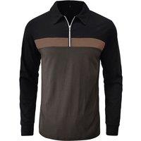 MODISHION Men's Casual Quarter Zip Turn Down Collar Long Sleeve Polo Shirt in Brown | Size: Medium